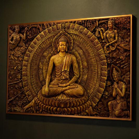 Golden Buddha Ornament Canvas shown in antique gold floating frame