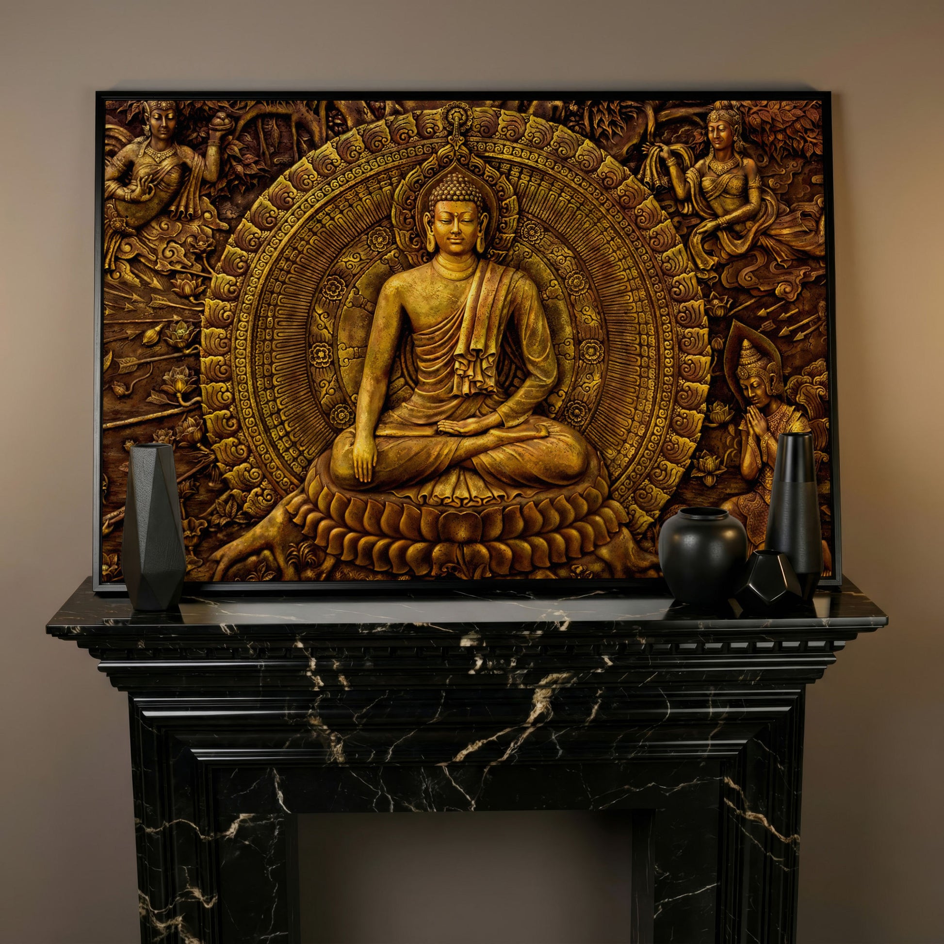 Golden Buddha Ornament Canvas in black floating frame