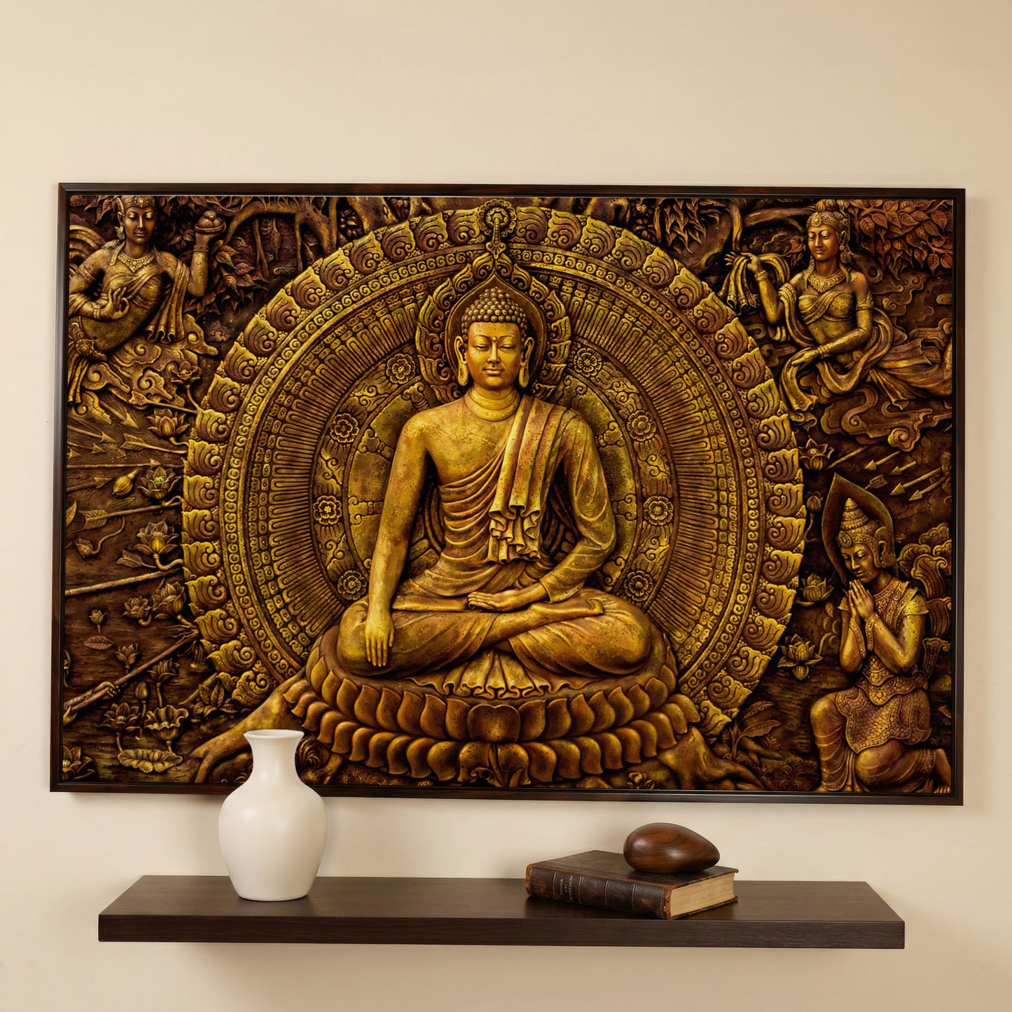 Golden Buddha Ornament Canvas in dark walnut floating frame
