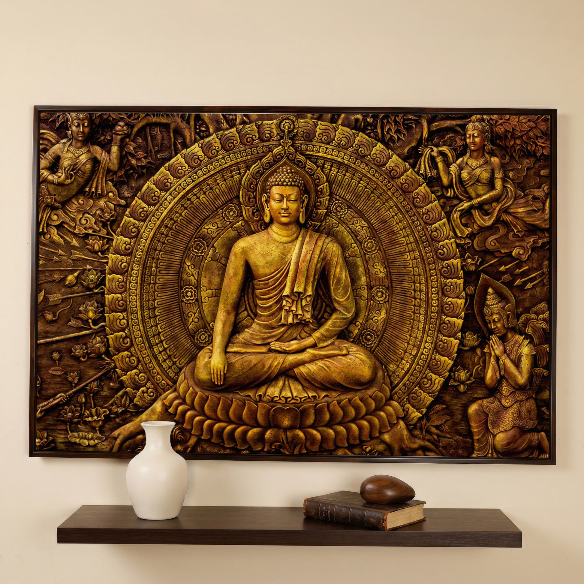 Golden Buddha Ornament Canvas in dark walnut floating frame