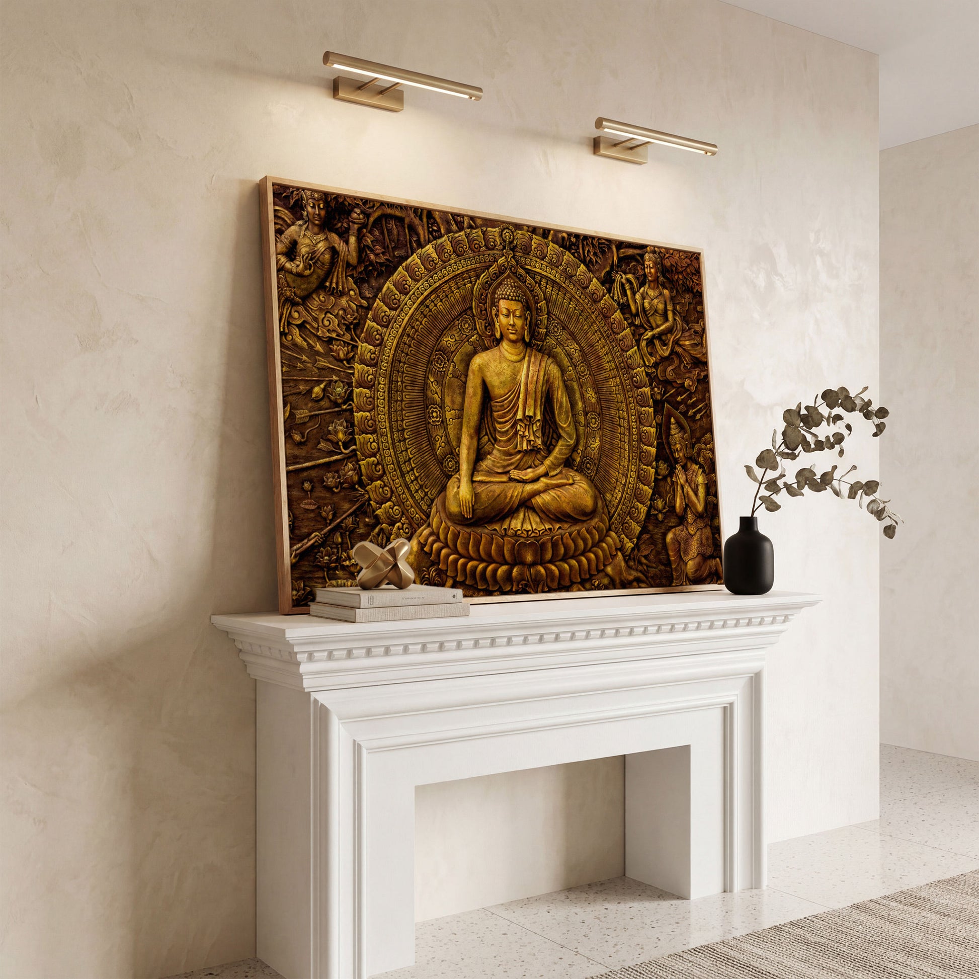 Golden Buddha Ornament Canvas in white oak floating frame