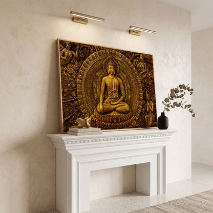 Golden Buddha Ornament Canvas in white oak floating frame