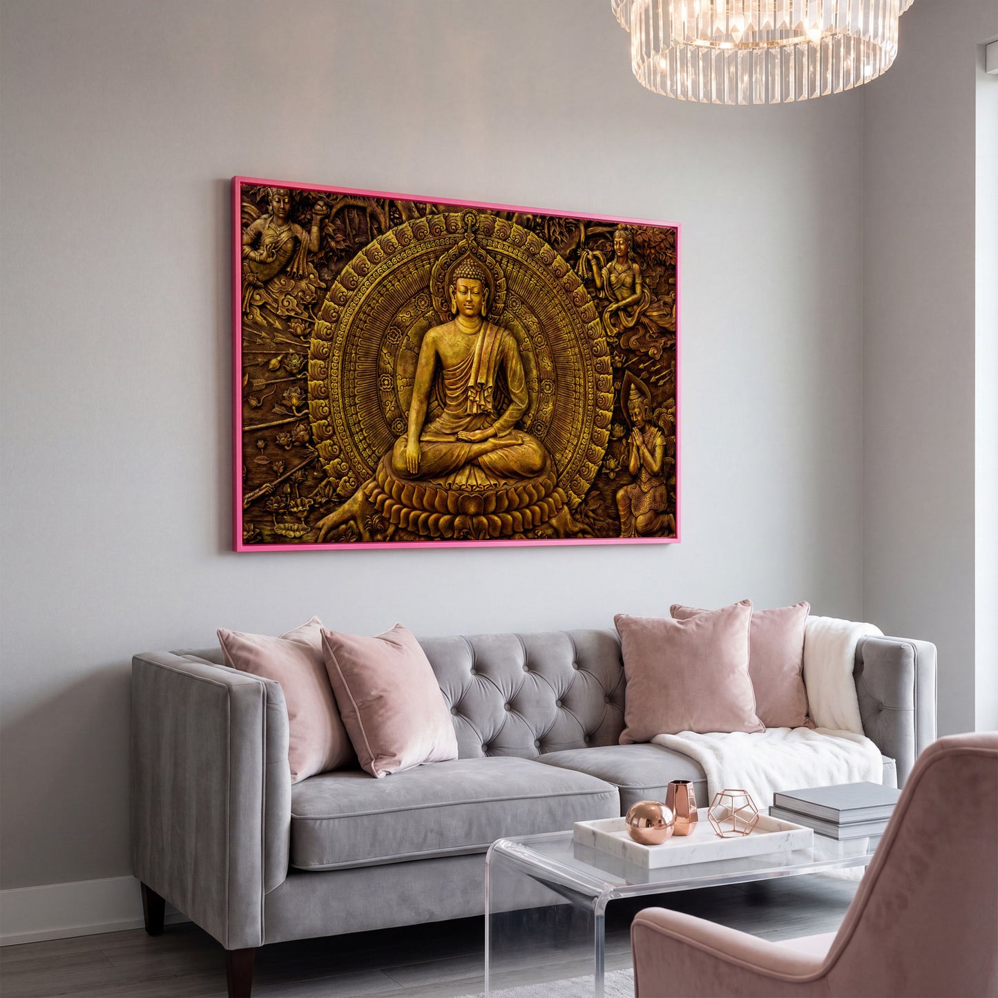 Golden Buddha Ornament Canvas in pink floating frame
