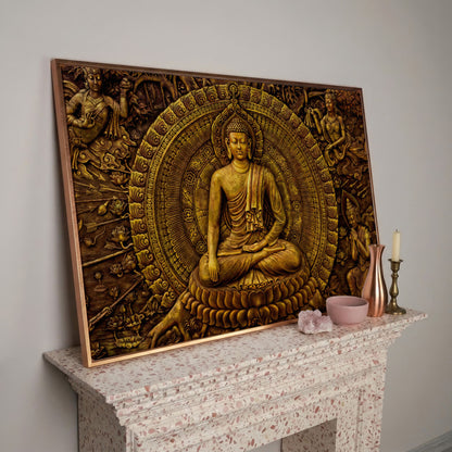 Golden Buddha Ornament Canvas in rose gold floating frame