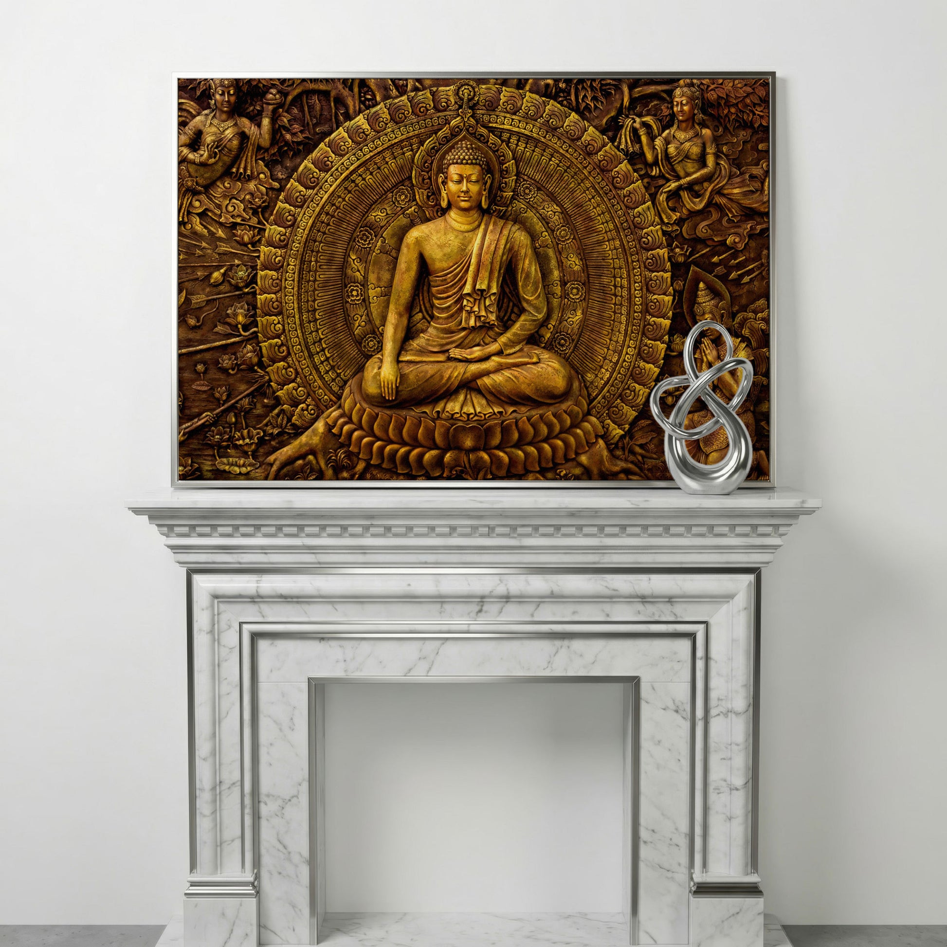 Golden Buddha Ornament Canvas in silver floating frame