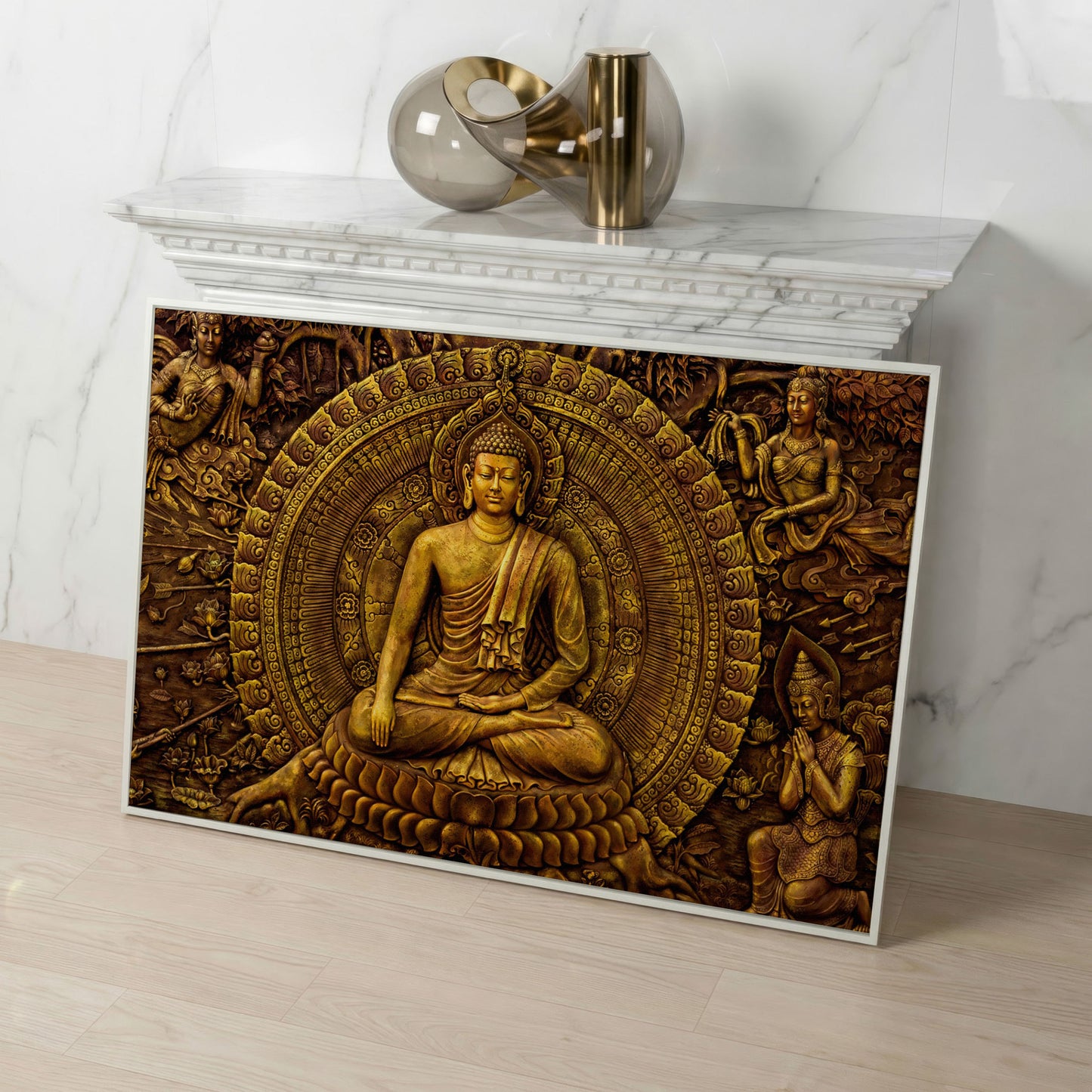 Golden Buddha Ornament Canvas in white floating frame