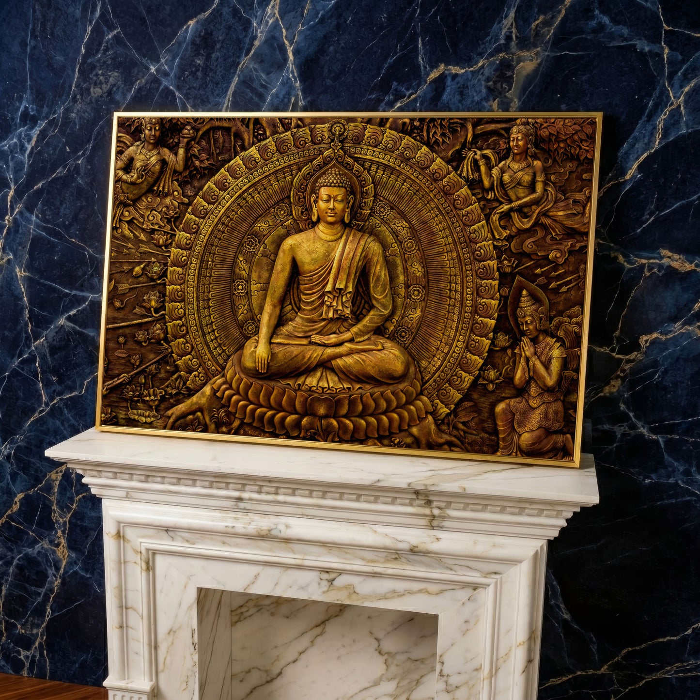 Golden Buddha Ornament Canvas in yellow gold floating frame