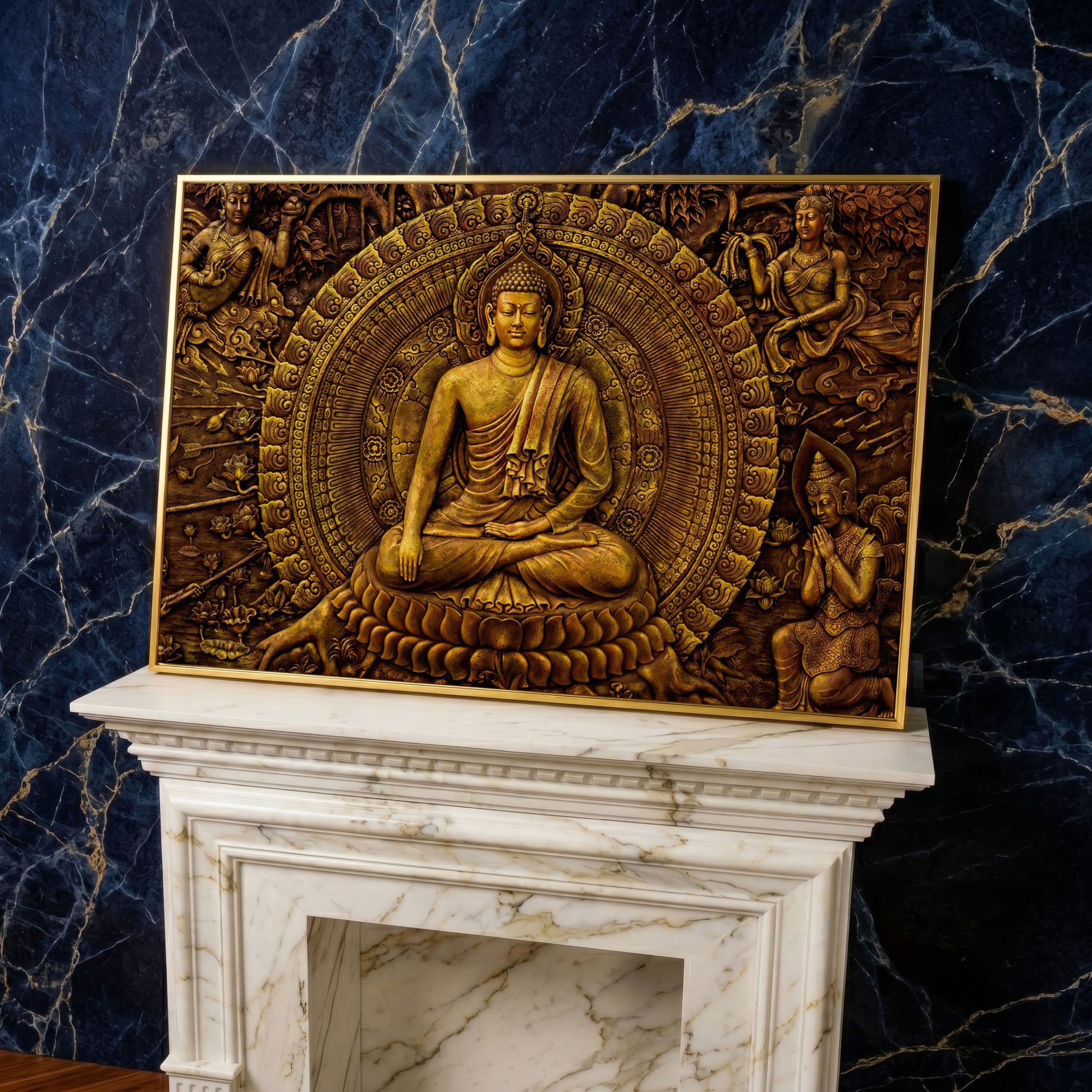 Golden Buddha Ornament Canvas in yellow gold floating frame