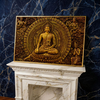 Golden Buddha Ornament Canvas in yellow gold floating frame