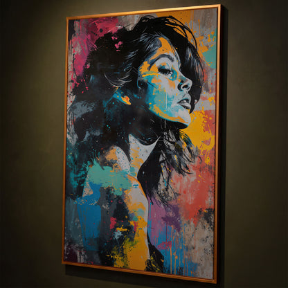 Pop Art Woman Portrait Canvas with Graffiti Drip shown in antique gold floating frame