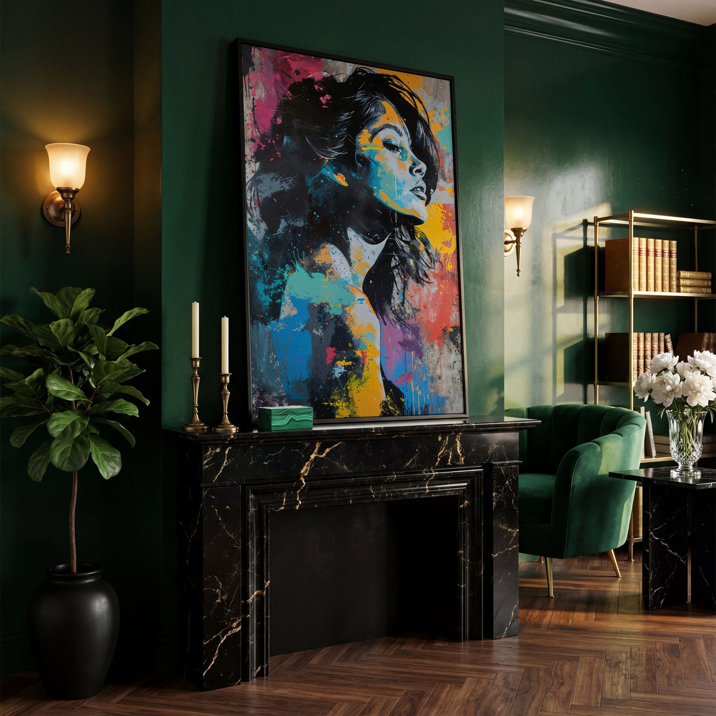 Pop Art Woman Portrait Canvas with Graffiti Drip in black floating frame