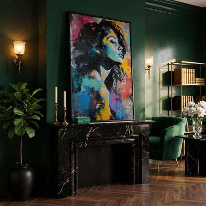 Pop Art Woman Portrait Canvas with Graffiti Drip in black floating frame