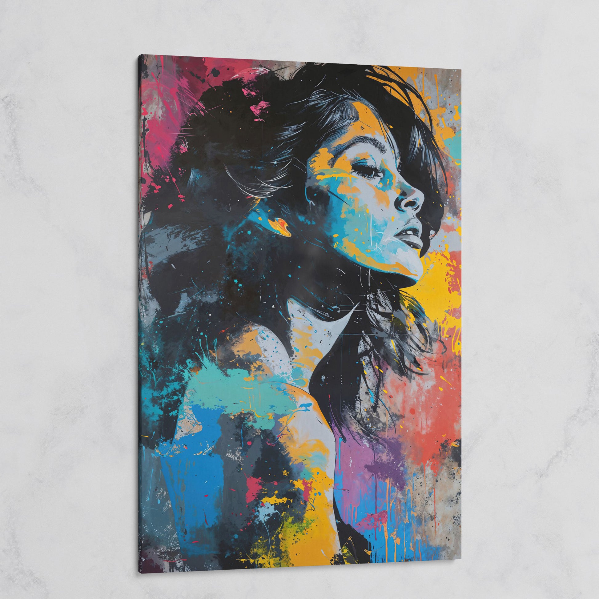 Pop Art Woman Portrait Canvas with Graffiti Drip on gallery wrap