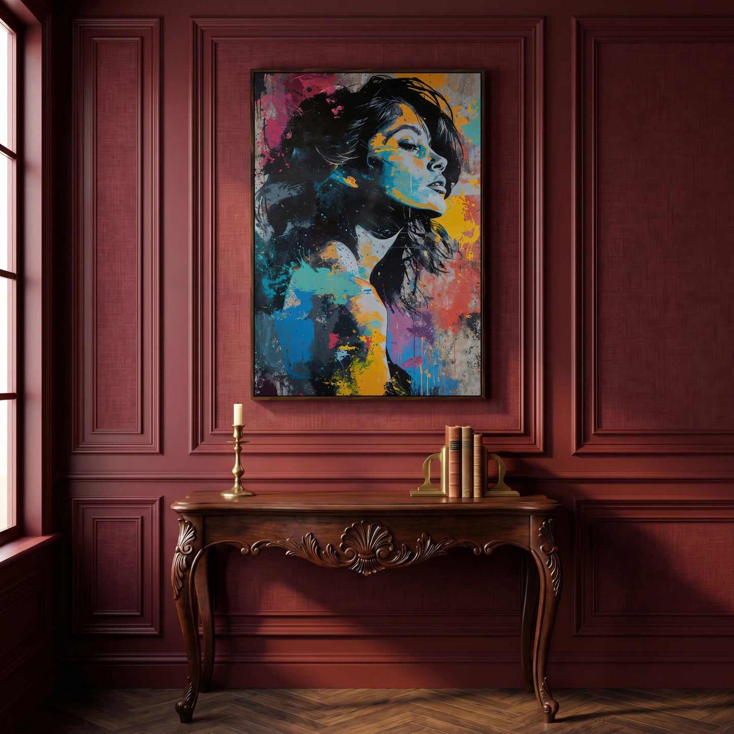 Pop Art Woman Portrait Canvas with Graffiti Drip in dark walnut floating frame