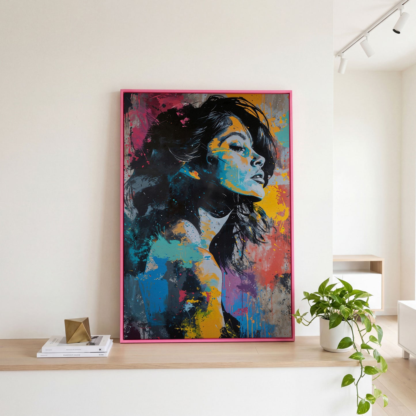 Pop Art Woman Portrait Canvas with Graffiti Drip in pink floating frame