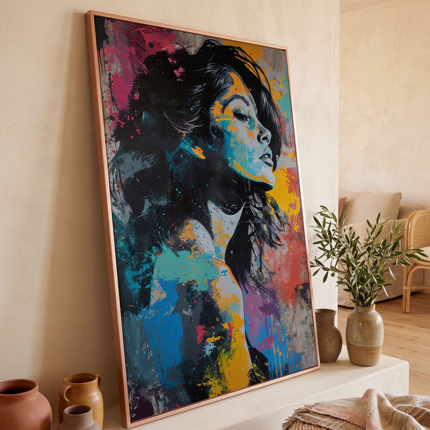 Pop Art Woman Portrait Canvas with Graffiti Drip in rose gold floating frame