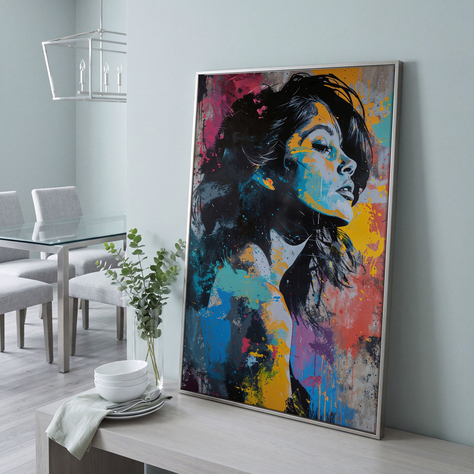 Pop Art Woman Portrait Canvas with Graffiti Drip in silver floating frame