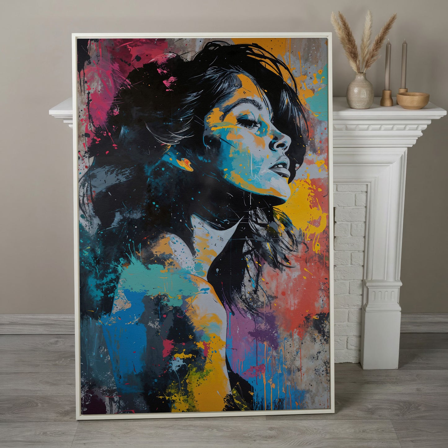 Pop Art Woman Portrait Canvas with Graffiti Drip in white floating frame
