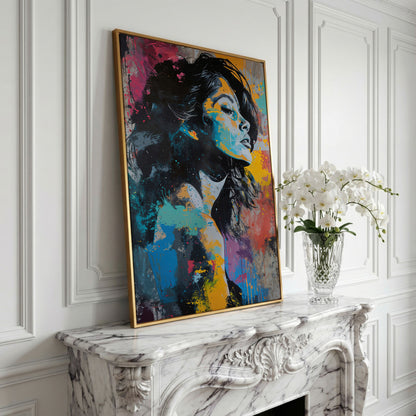 Pop Art Woman Portrait Canvas with Graffiti Drip in yellow gold floating frame