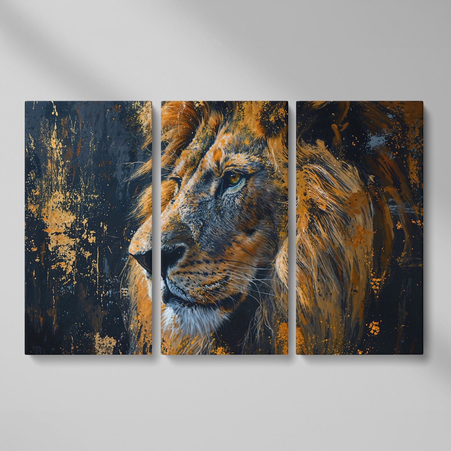 Lion Profile Canvas Print in Charcoal and Gold as 3-panel split version