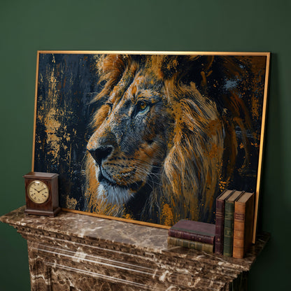 Lion Profile Canvas Print in Charcoal and Gold in antique gold floating frame