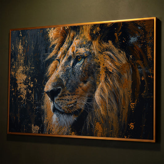 Lion Profile Canvas Print in Charcoal and Gold shown in antique gold floating frame