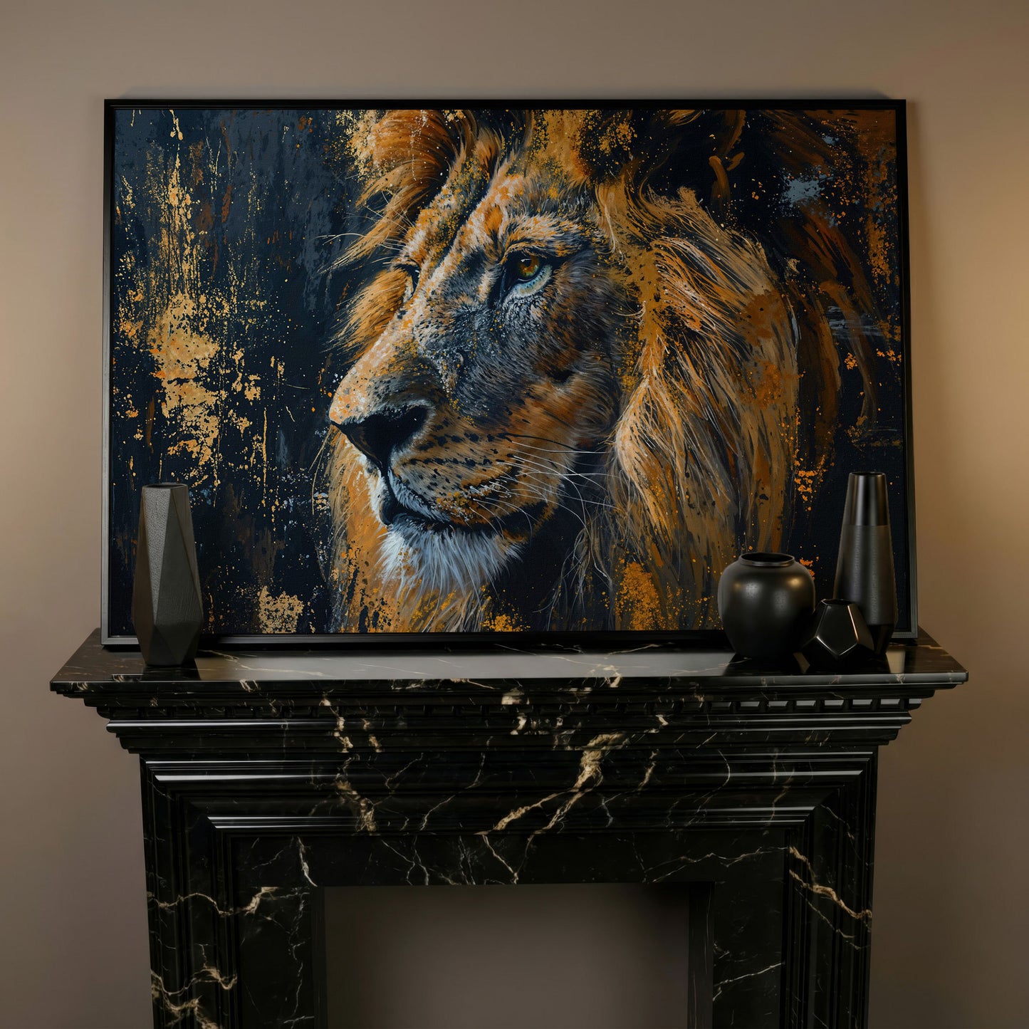 Lion Profile Canvas Print in Charcoal and Gold in black floating frame