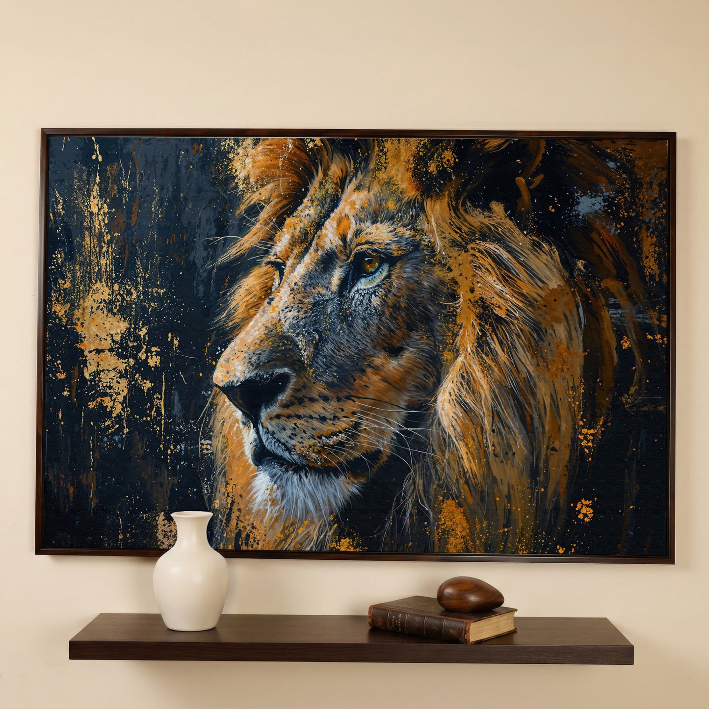 Lion Profile Canvas Print in Charcoal and Gold in dark walnut floating frame