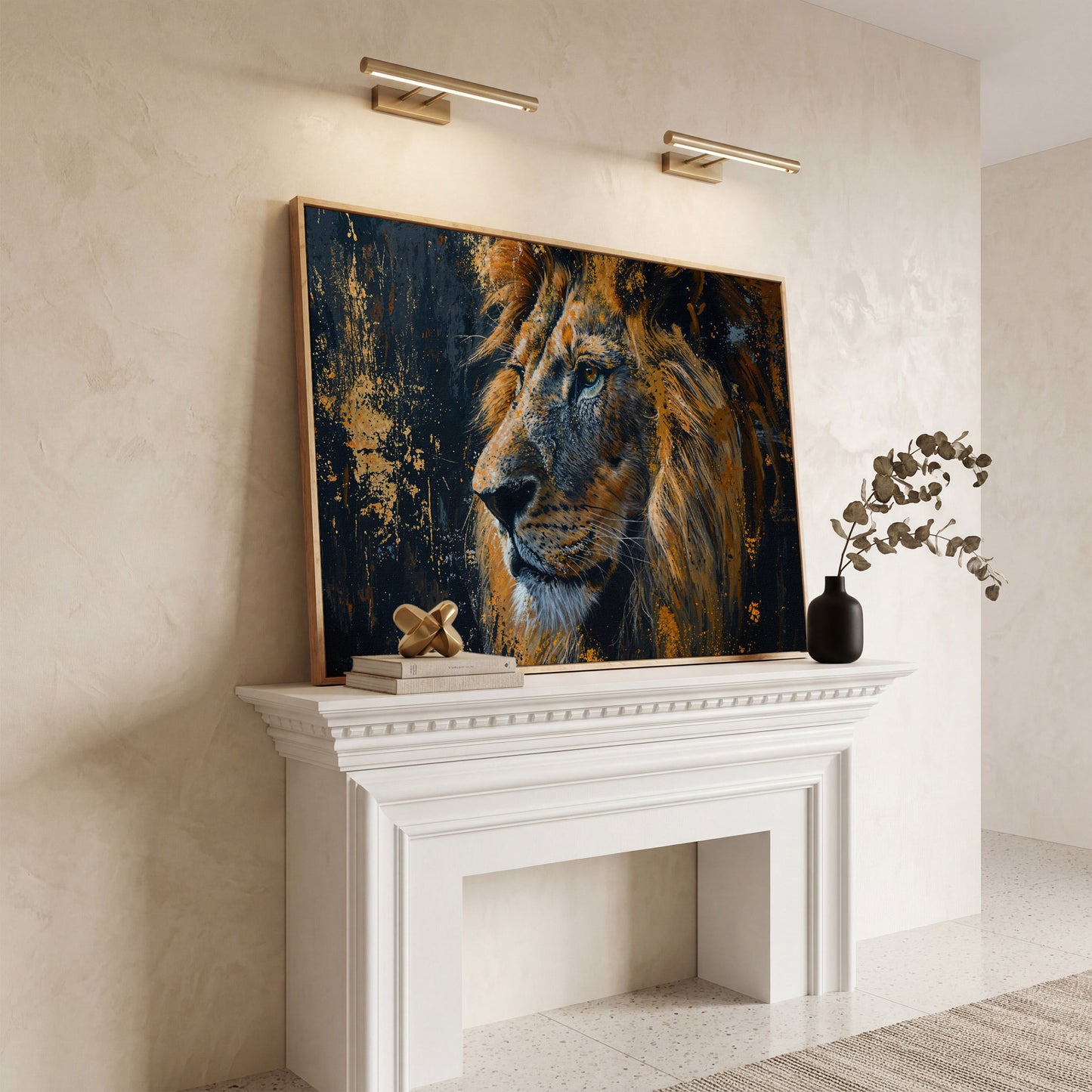 Lion Profile Canvas Print in Charcoal and Gold in white oak floating frame