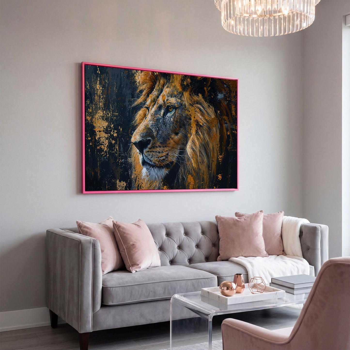 Lion Profile Canvas Print in Charcoal and Gold in pink floating frame