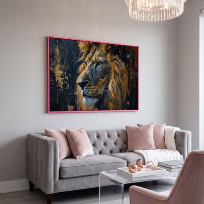 Lion Profile Canvas Print in Charcoal and Gold in pink floating frame