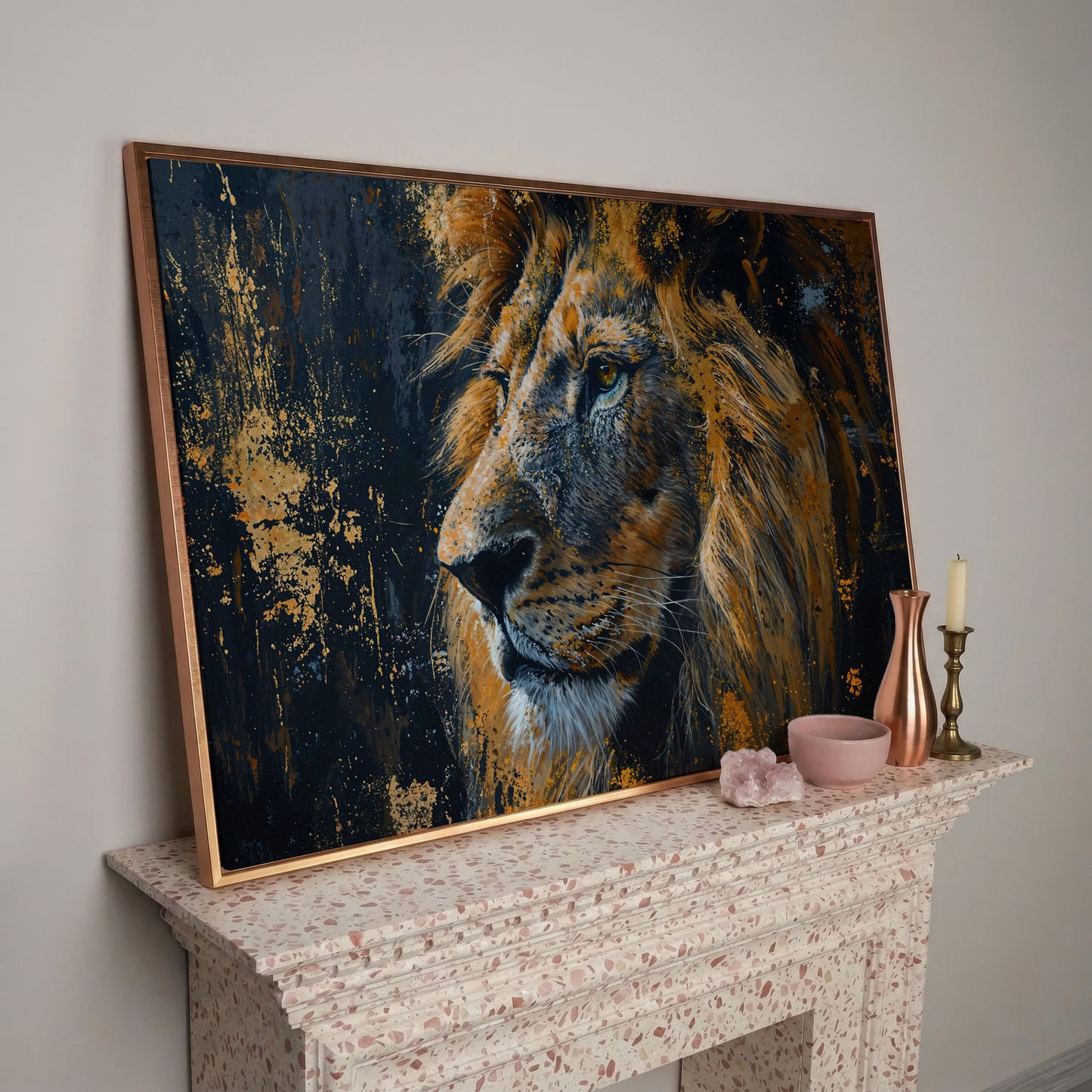Lion Profile Canvas Print in Charcoal and Gold in rose gold floating frame