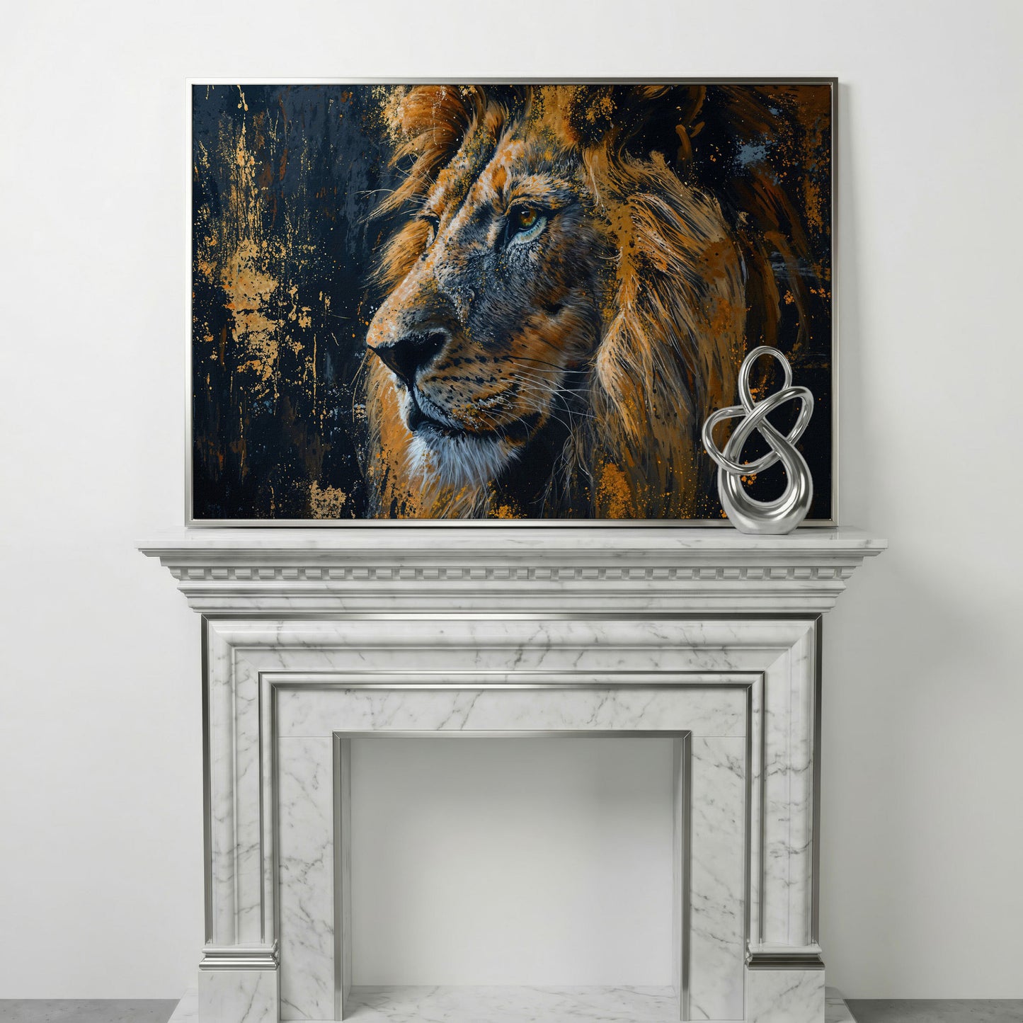 Lion Profile Canvas Print in Charcoal and Gold in silver floating frame