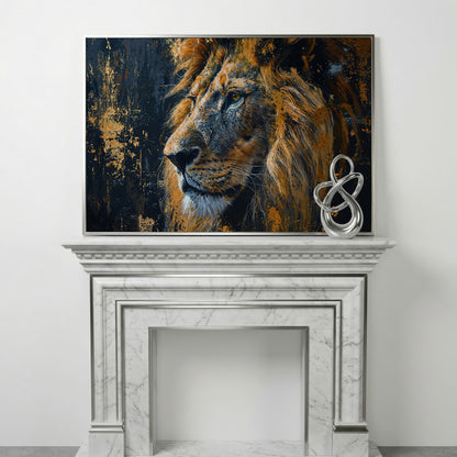 Lion Profile Canvas Print in Charcoal and Gold in silver floating frame