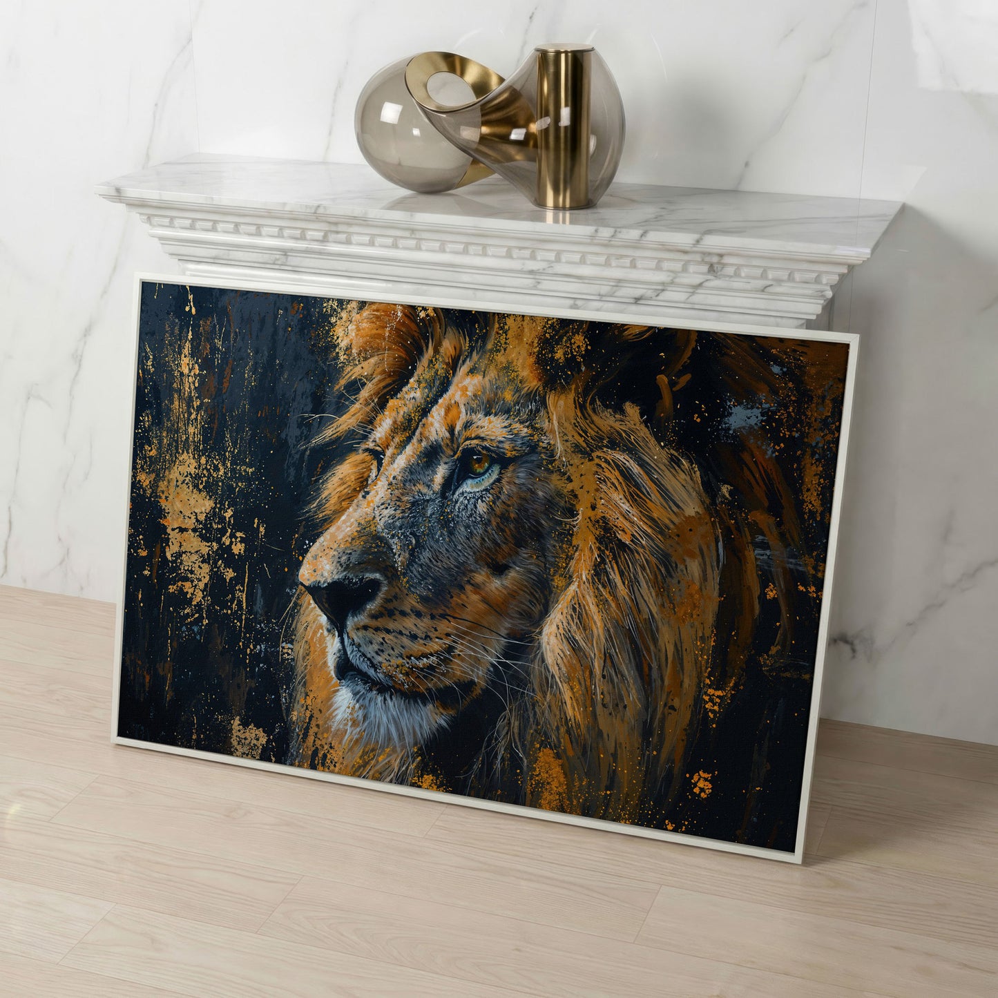 Lion Profile Canvas Print in Charcoal and Gold in white floating frame