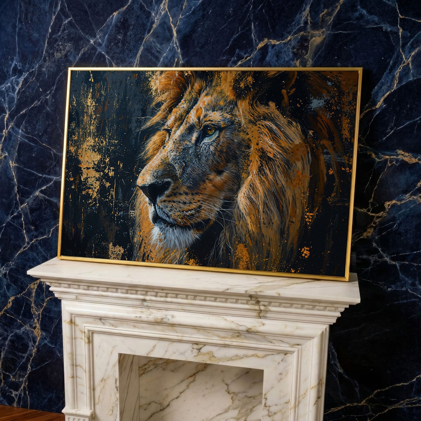 Lion Profile Canvas Print in Charcoal and Gold in yellow gold floating frame