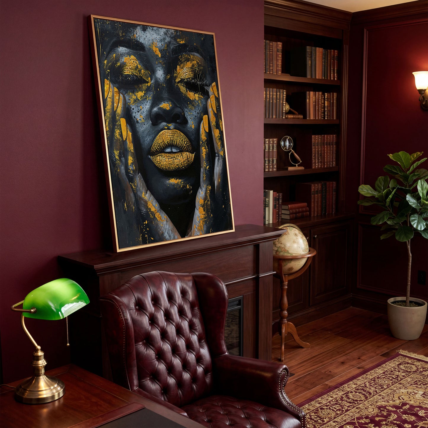African Woman with Golden Lips Canvas Print in antique gold floating frame