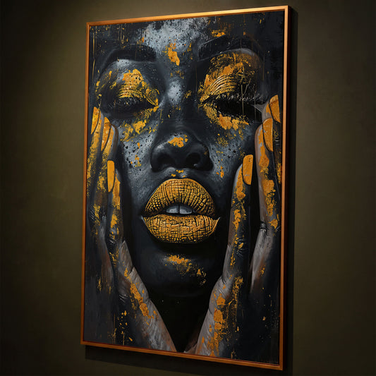 African Woman with Golden Lips Canvas Print shown in antique gold floating frame