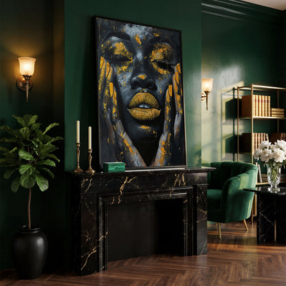 African Woman with Golden Lips Canvas Print in black floating frame