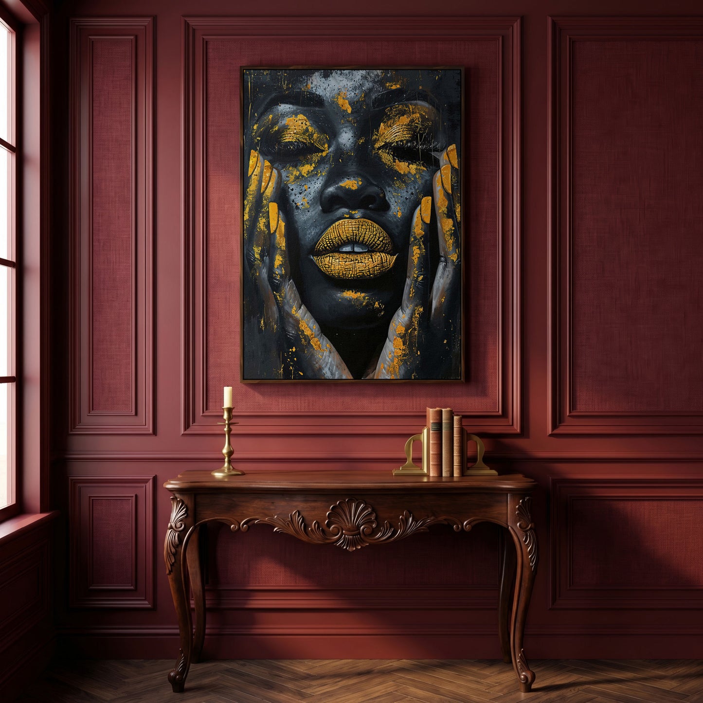 African Woman with Golden Lips Canvas Print in dark walnut floating frame