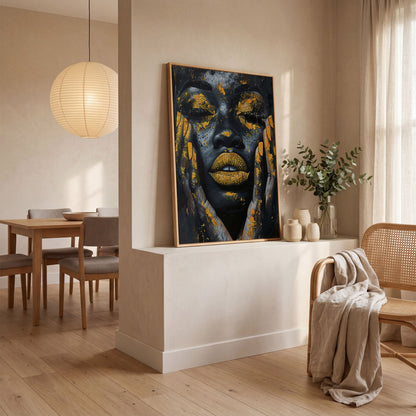 African Woman with Golden Lips Canvas Print in white oak floating frame