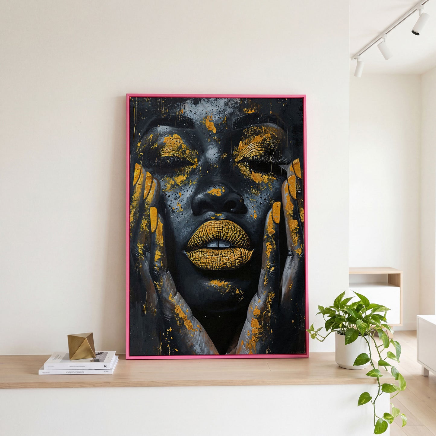 African Woman with Golden Lips Canvas Print in pink floating frame