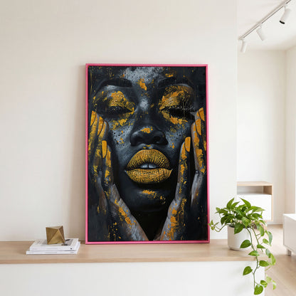 African Woman with Golden Lips Canvas Print in pink floating frame