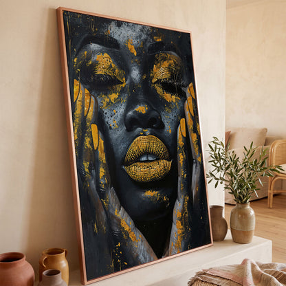 African Woman with Golden Lips Canvas Print in rose gold floating frame