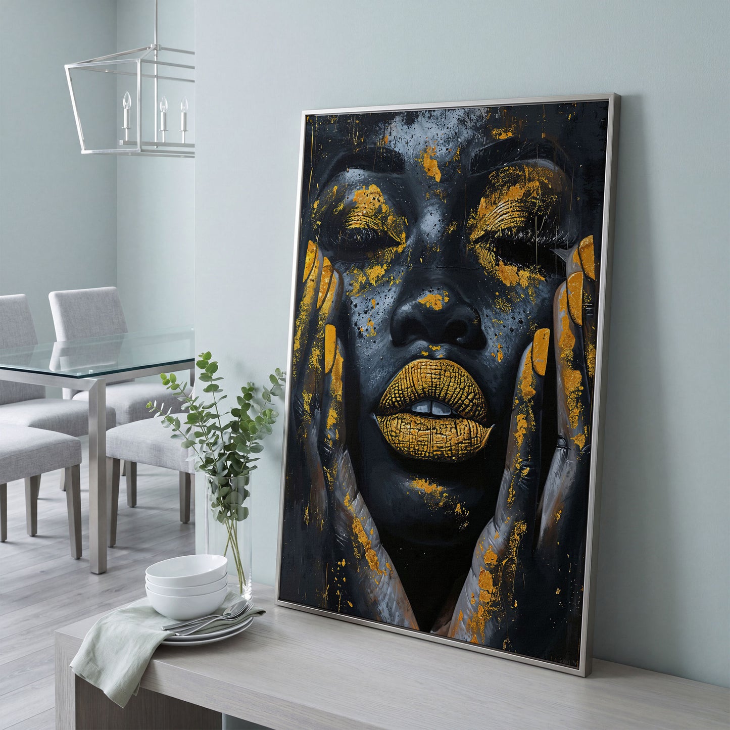 African Woman with Golden Lips Canvas Print in silver floating frame