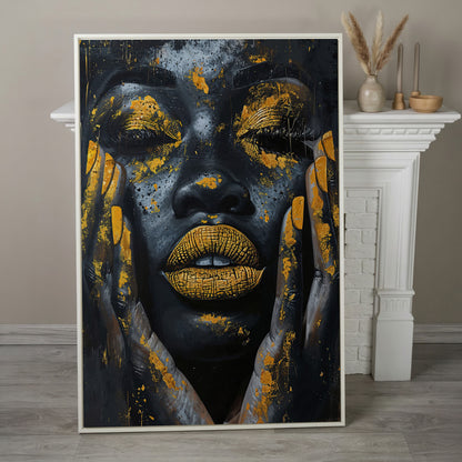African Woman with Golden Lips Canvas Print in white floating frame