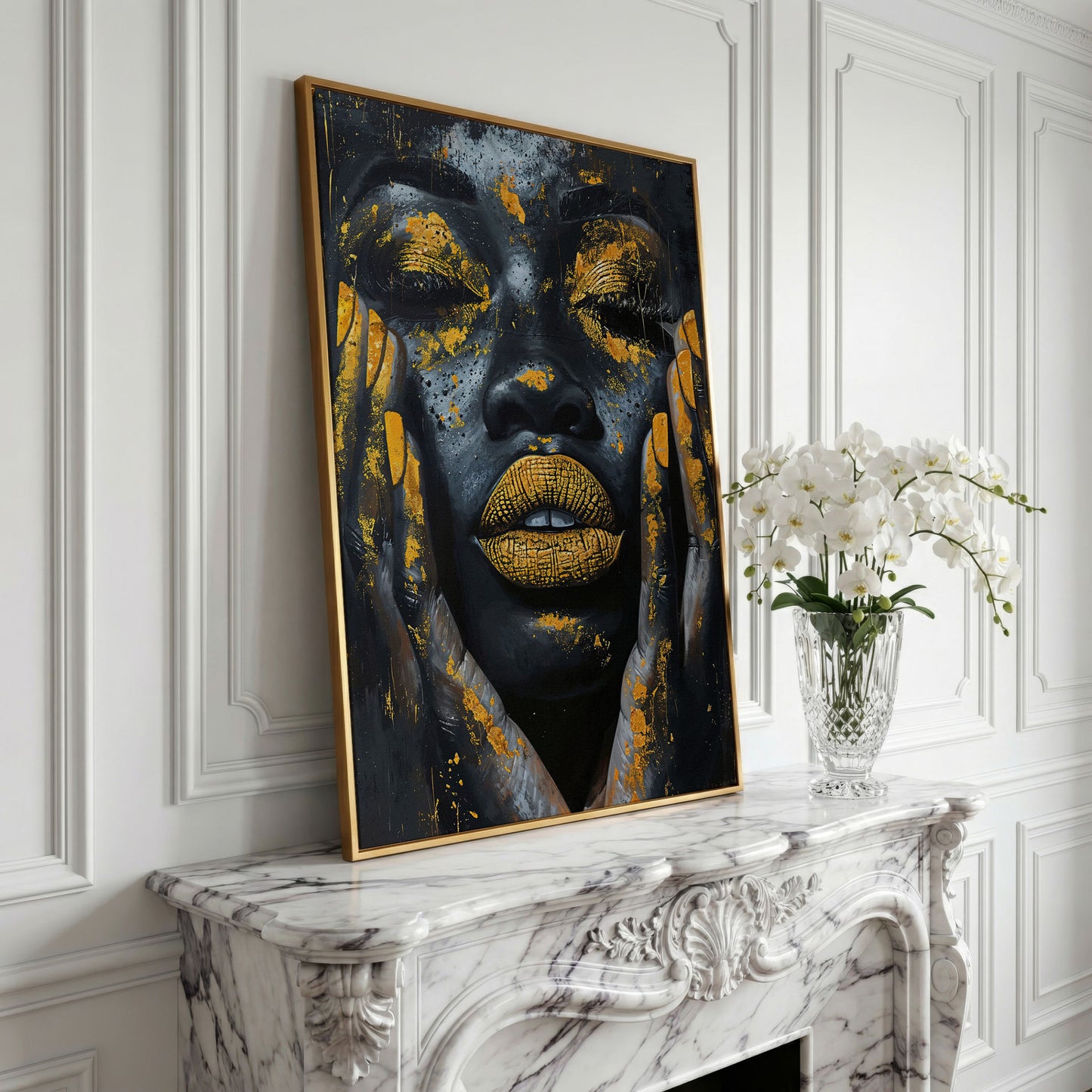 African Woman with Golden Lips Canvas Print in yellow gold floating frame