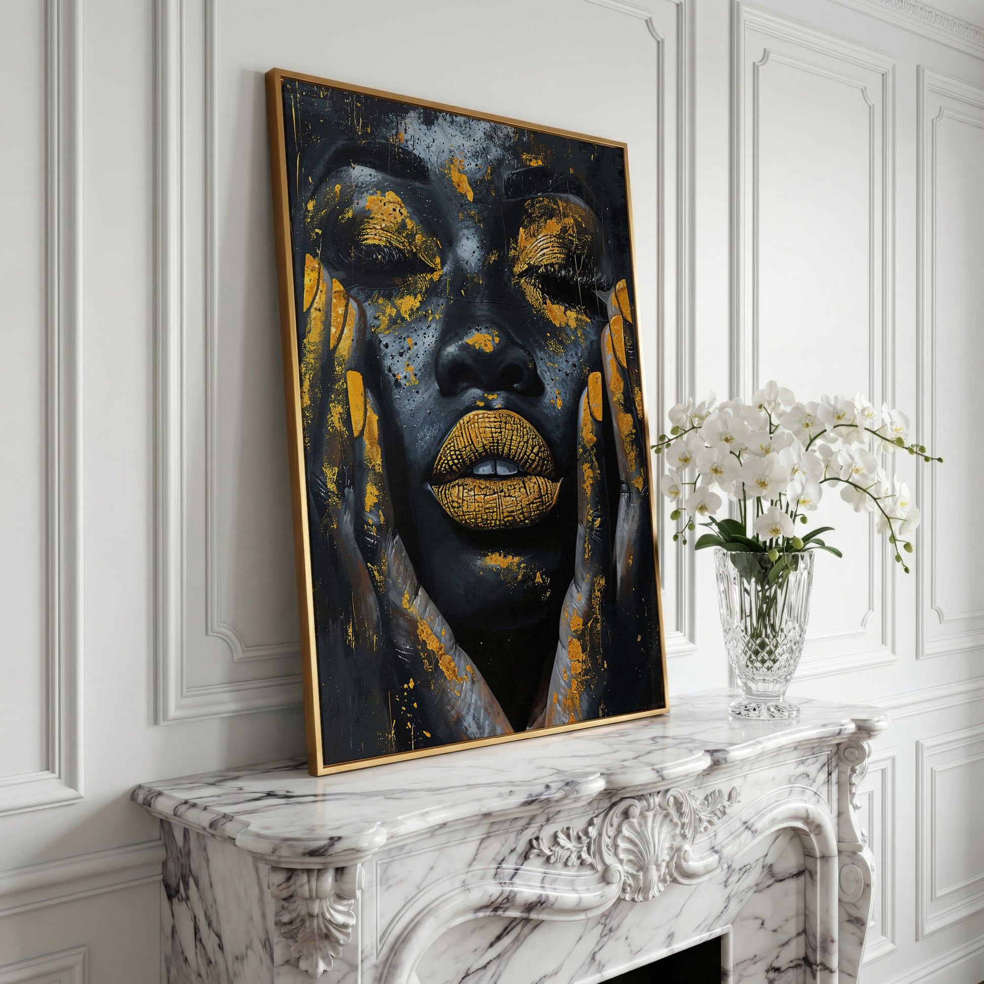 African Woman with Golden Lips Canvas Print in yellow gold floating frame