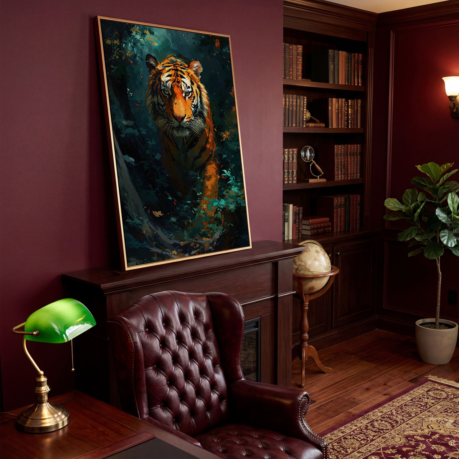 Tiger Hunting Scene Canvas in antique gold floating frame