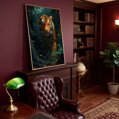 Tiger Hunting Scene Canvas in antique gold floating frame